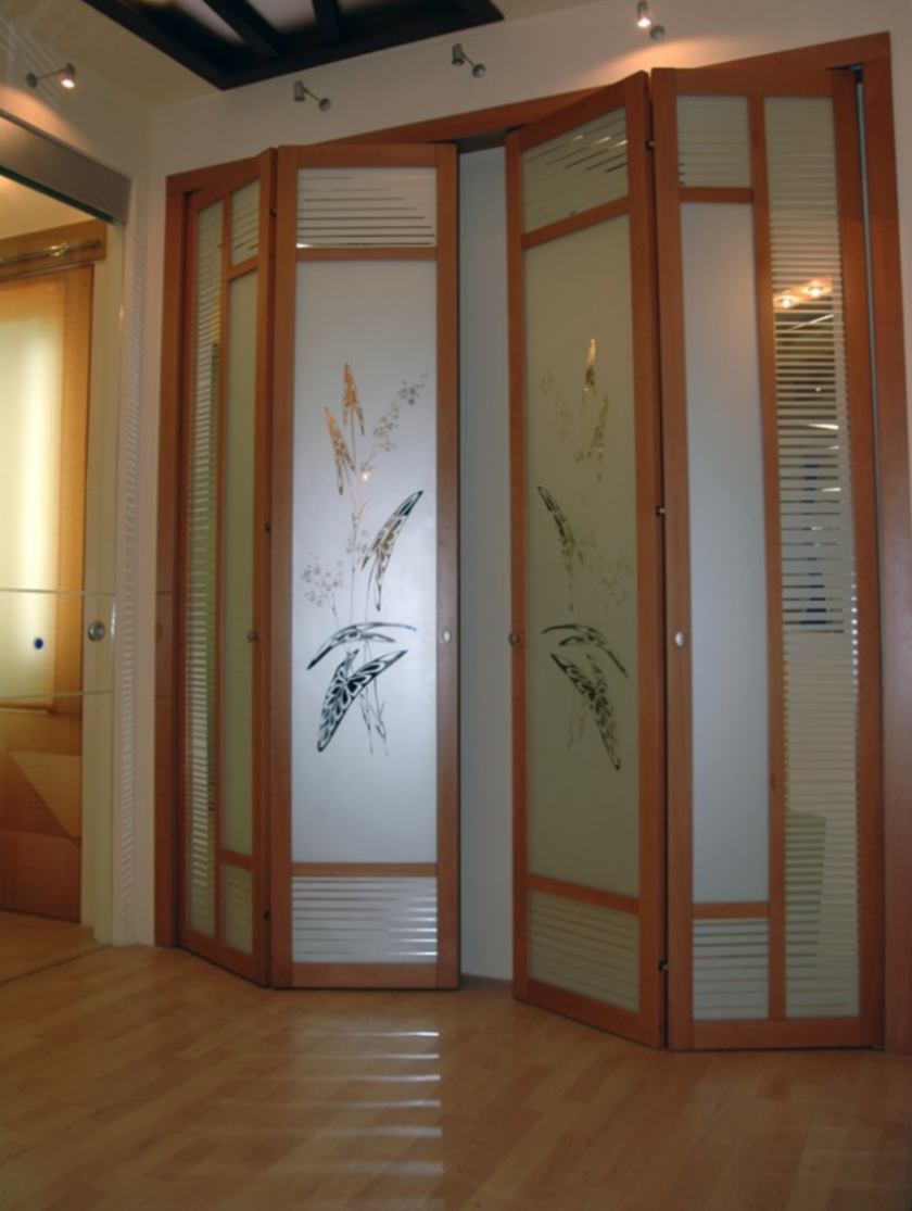 Широкие двери гармошка с матовым стеклом и рисунком Саратов